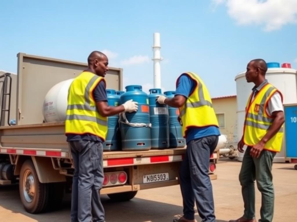 FAMGAS workers in safety vests loading LPG cylinders onto a delivery truck