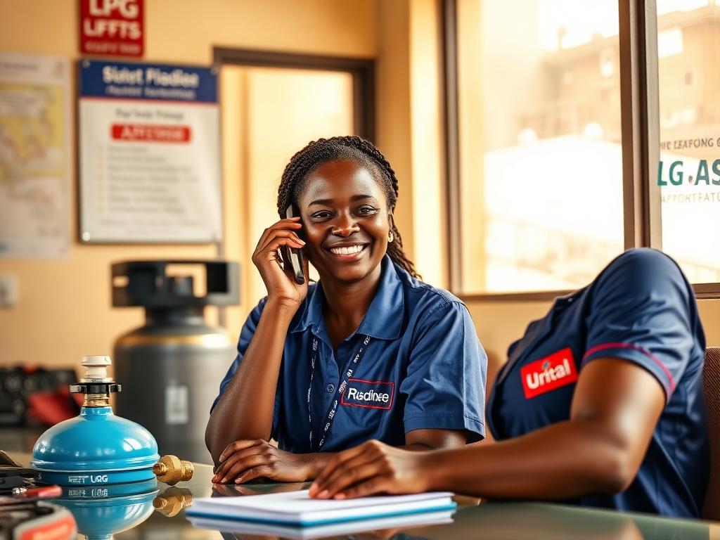 FAMGAS staff member answering a gas supply enquiry by phone in Iseyin